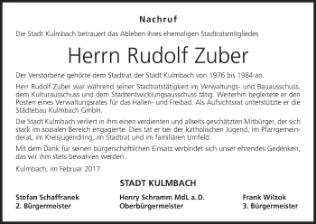 Anzeige von Rudolf Zuber von MGO