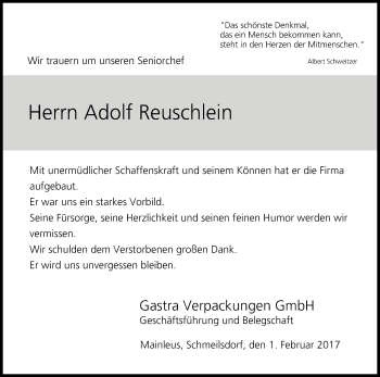 Anzeige von Adolf Reuschlein von MGO