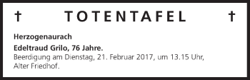 Anzeige von Totentafel vom 17.02.2017 von MGO