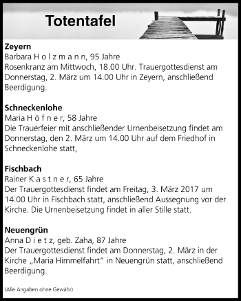 Anzeige von Totentafel vom 01.03.2017 von MGO