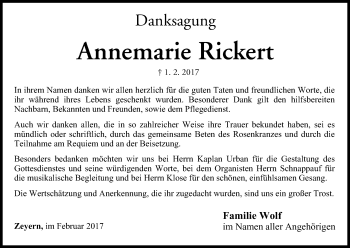 Anzeige von Annemarie Rickert von MGO