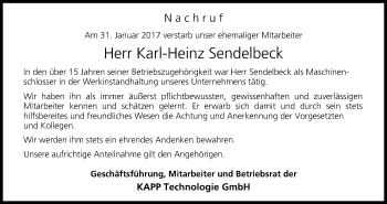 Anzeige von Karl-Heinz Sendelbeck von MGO