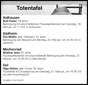 Anzeige von Totentafel 18.02.2017 von MGO