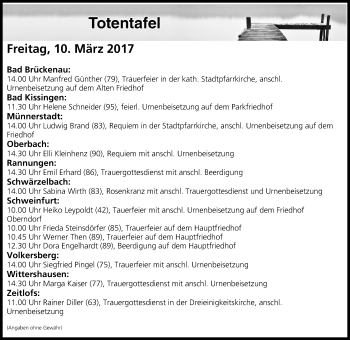 Anzeige von Totentafel vom 10.03.2017 von MGO