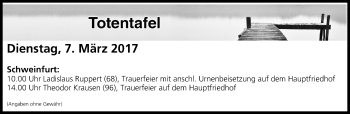 Anzeige von Totentafel vom 07.03.2017 von MGO