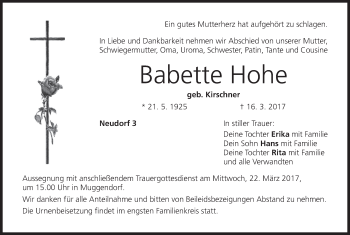 Anzeige von Babette Hohe von MGO