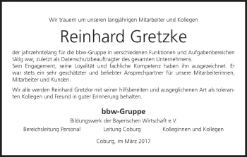 Anzeige von Reinhard Gretzke von MGO