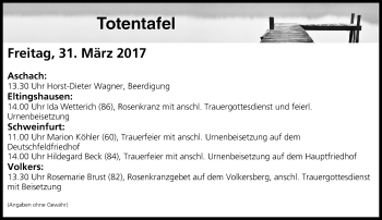 Anzeige von Totentafel vom 31.03.2017 von MGO