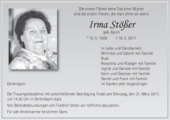 Anzeige von Irma Stößer von MGO