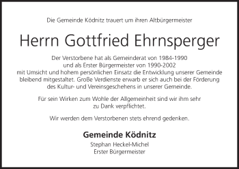 Anzeige von Gottfried Ehrnsperger von MGO
