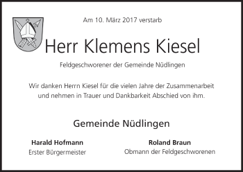 Anzeige von Klemens Kiesel von MGO