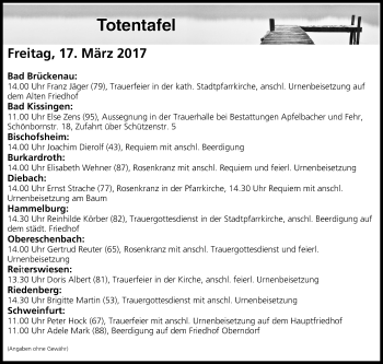 Anzeige von Totentafel vom 17.03.2017 von MGO