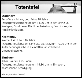 Anzeige von Totentafel vom 24.03.2017 von MGO