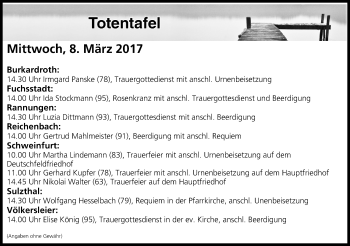 Anzeige von Totentafel vom 08.03.2017 von MGO