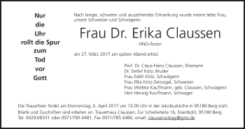 Anzeige von Erika Claussen von MGO