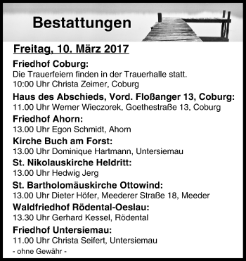 Anzeige von Bestattungen vom 10.03.2017 von MGO