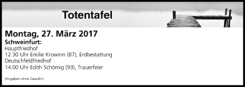 Anzeige von Totentafel vom 27.03.2017 von MGO