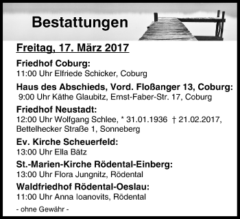 Anzeige von Bestattungen vom 17.03.2017 von MGO