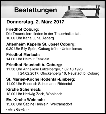Anzeige von Bestattungen vom 02.03.2017 von MGO