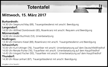 Anzeige von Totentafel vom 15.03.2017 von MGO