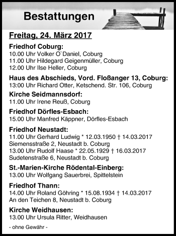 Anzeige von Bestattungen vom 24.03.2017 von MGO