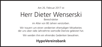 Anzeige von Dieter Wenserski von MGO