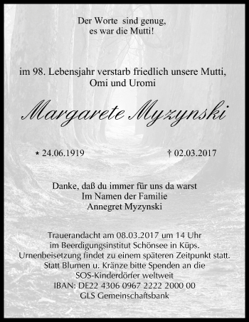 Anzeige von Margarete Myzynski von MGO