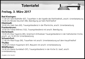 Anzeige von Totentafel 03.03.2017 von MGO