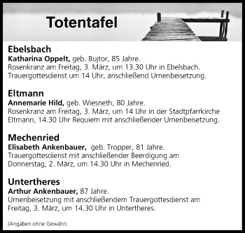 Anzeige von Totentafel vom 02.03.2017 von MGO