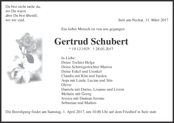 Anzeige von Gertrud Schubert von MGO