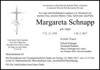 Anzeige von Margareta Schnapp von MGO