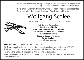 Anzeige von Wolfgang Schlee von MGO