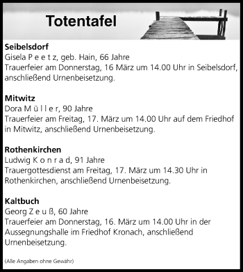 Anzeige von Totentafel vom 15.03.2017 von MGO