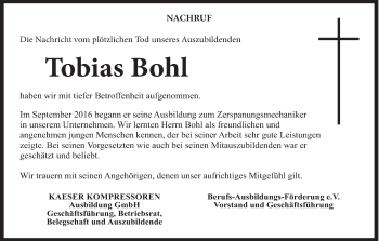 Anzeige von Tobias Bohl von MGO