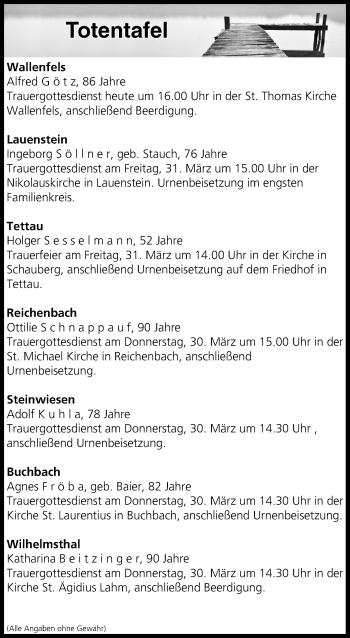 Anzeige von Totentafel vom 29.03.2017 von MGO