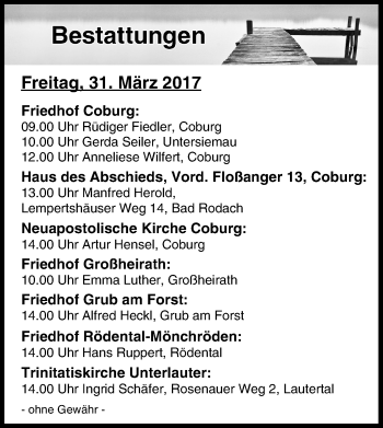 Anzeige von Bestattungen vom 31.03.2017 von MGO
