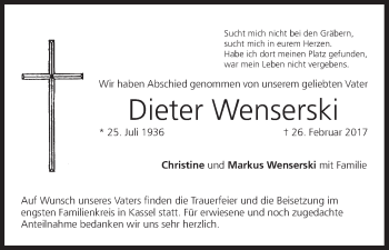 Anzeige von Dieter Wenserski von MGO