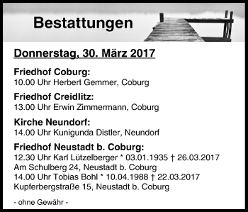 Anzeige von Bestattungen vom 30.03.2017 von MGO