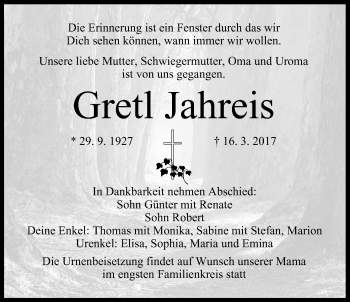 Anzeige von Gretl Jahreis von MGO