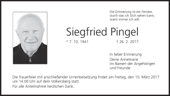 Anzeige von Siegfried Pingel von MGO