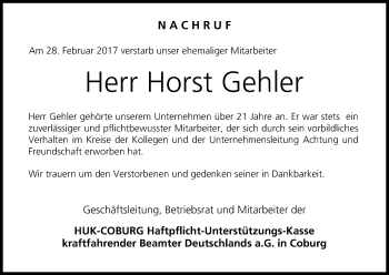 Anzeige von Horst Gehler von MGO