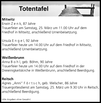 Anzeige von Totentafel vom 23.03.2017 von MGO