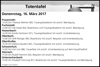 Anzeige von Totentafel vom 16.03.2017 von MGO