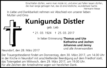 Anzeige von Kunigunda Distler von MGO
