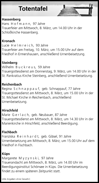 Anzeige von Totentafel vom 07.03.2017 von MGO