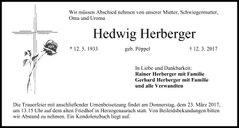 Anzeige von Hedwig Herberger von MGO