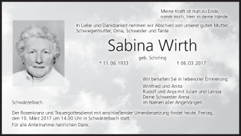 Anzeige von Sabina Wirth von MGO