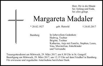 Anzeige von Margareta Madaler von MGO