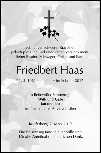 Anzeige von Friedbert Haas von MGO
