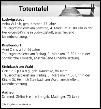Anzeige von Totentafel vom 02.03.2017 von MGO